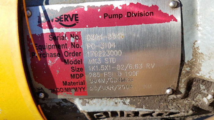 Flowserve Durco Mark 3 Centrifugal Pump, MK3 Standard, 1K1.5X1-82/6.63 RV, CD4M