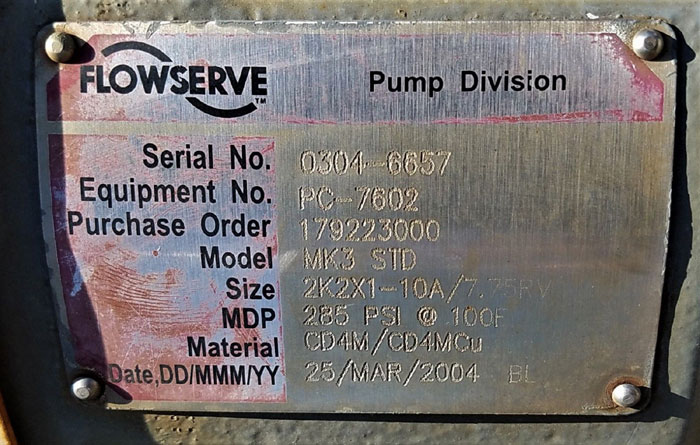 Flowserve Durco Mark 3 Centrifugal Pump, MK3 STD, 2K2X1-10A/7.75RV, CD4M/CD4MCu