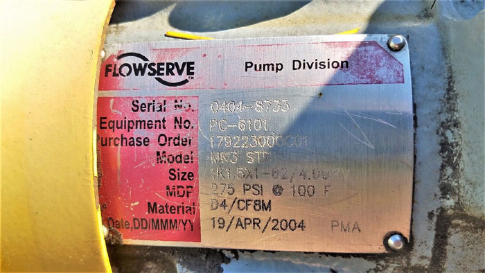Flowserve Durco Mark 3 Centrifugal Pump, MK3 STD, Size 1K1.5X1-62/4.00RV, CF8M