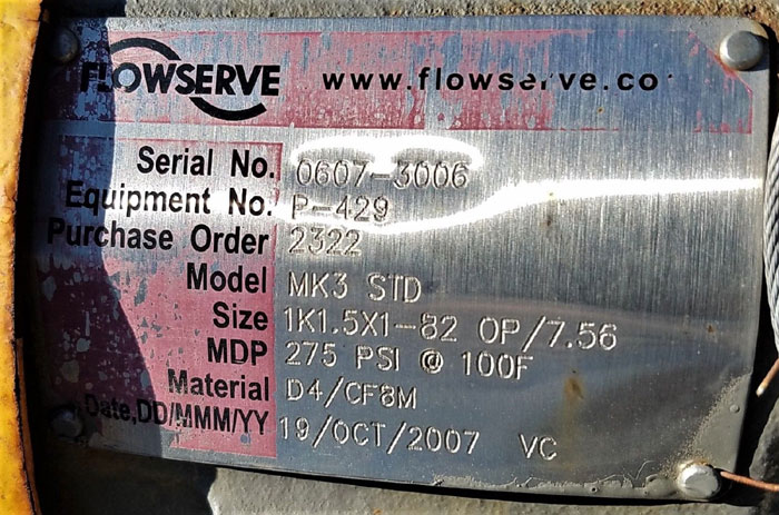 Flowserve Durco Centrifugal Pump, MK3 STD, Size 1K1.5X1-82 OP/7.56, Stainless