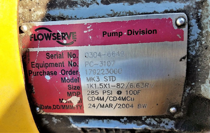 Flowserve Durco Mark 3 Centrifugal Pump, MK3 STD, 1K1.5X1-82/6.63RV, CD4M/CD4MCu