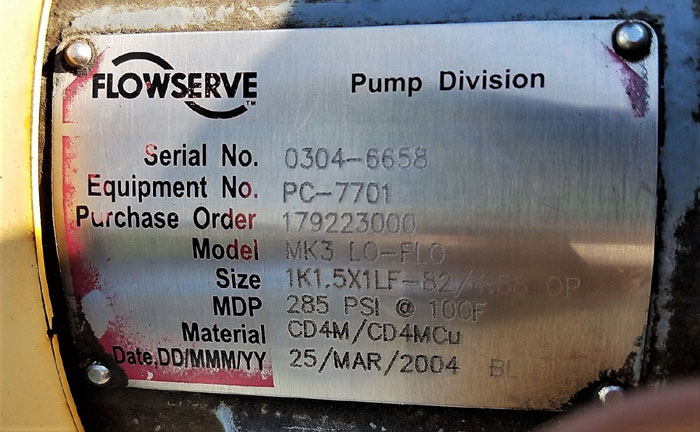 Flowserve Durco Centrifugal Pump, MK3 Lo-Flo, 1K1.5X1LF-82/4.88 OP, CD4M/CD4Mcu