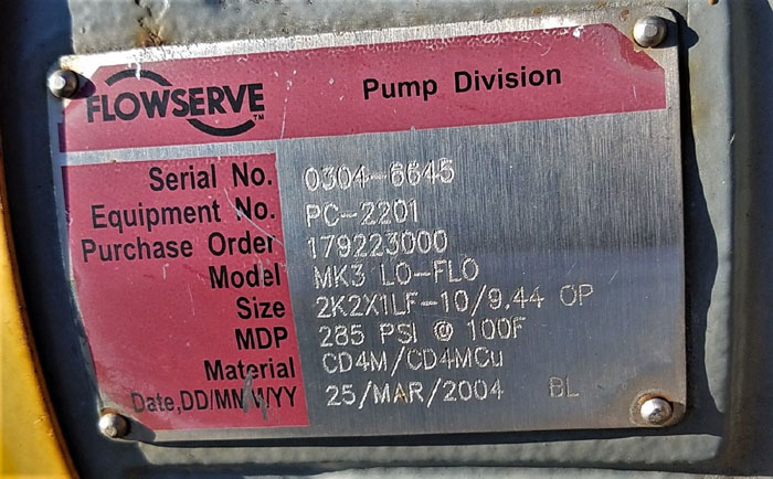 Flowserve Durco Mark 3 Centrifugal Pump, MK3 Lo-Flo, 2K2X1LF-10/9.44 OP, CD4M