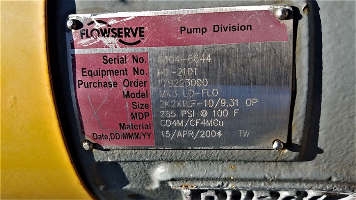 Flowserve Durco Mark 3 Centrifugal Pump, MK3 Lo-Flo, 2K2X1LF-10/9.31 OP, CF4M