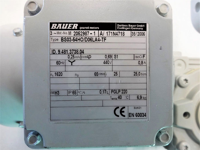 Bauer Worm Gear Motor BS03-54HO/D06LA4-TF