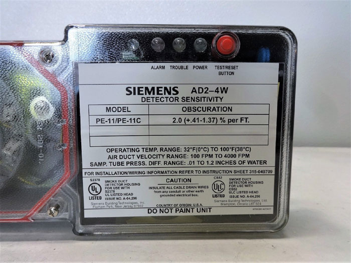 Siemens AD2-4W Duct Smoke Detector, PE-11/PE-11C, 500-649709