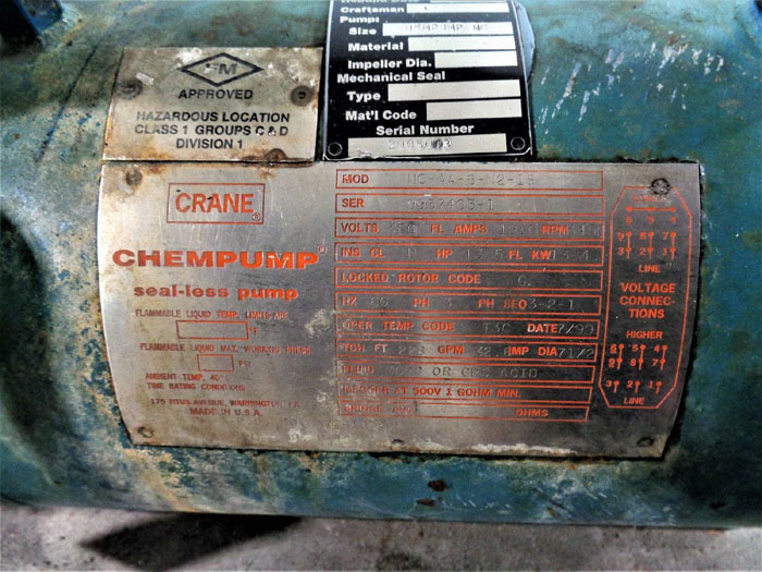 Crane Chempump 1.5 x 1 x 8-1F Seal-less Pump, Stainless Steel NC-AA-8N2-1S