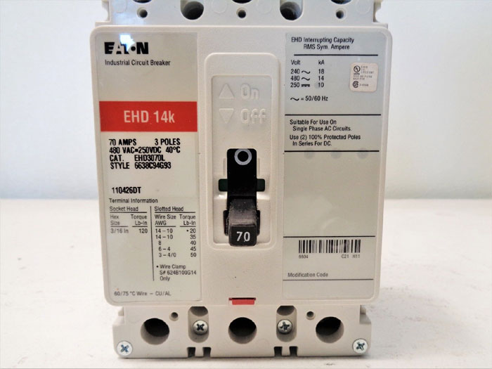 Eaton Cutler-Hammer EHD14K Circuit Breaker, 70A, 480VAC, 3-Pole, #EHD3070L