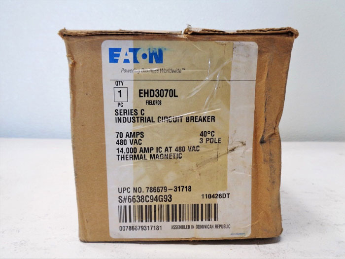 Eaton Cutler-Hammer EHD14K Circuit Breaker, 70A, 480VAC, 3-Pole, #EHD3070L