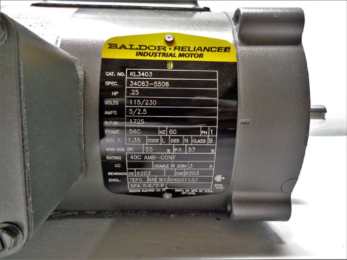 Baldor Reliance Motor, 1/4 HP, 115/230V, 1725RPM, 1PH, KL3403, 34C63-5506