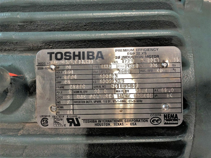 Toshiba 20HP Premium Efficiency EQP III XS 3-Phase Induction Motor B0204FLT3BMHD