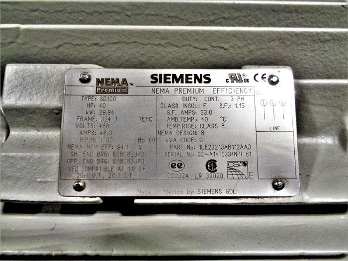 Siemens 40HP SD100 NEMA Premium Motor, 460V, 1780 RPM, #1LE23213AB112AA3