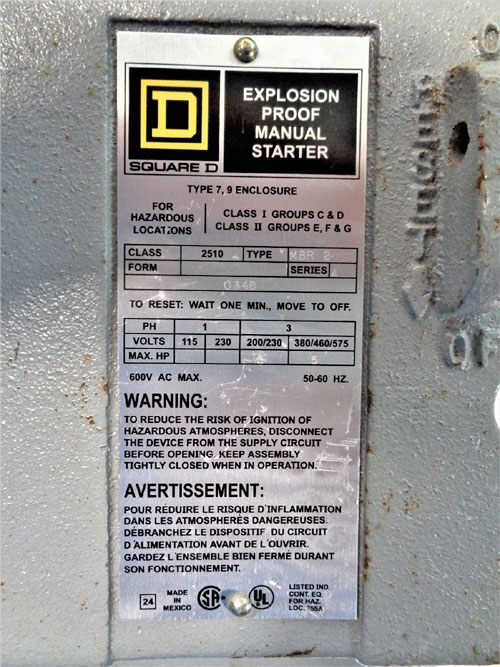 Square D Explosion Proof Manual Starter, Class 2510, Type MBR 2, Series A