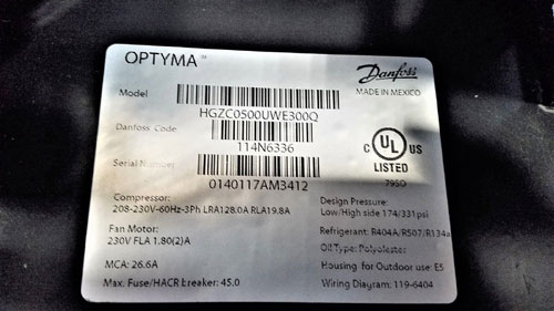 Danfoss Optyma Condensing Unit HGZC0500UWE300Q 114N6336 w/Compressor MTZ64HM3AVE