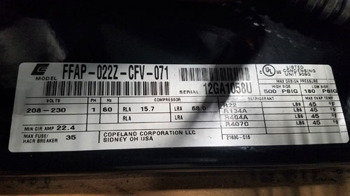 Copeland Condensing Unit FFAP-022Z-CFV-071 w/ Compressor